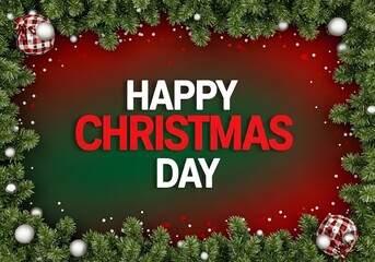 Joyous Day Festive Greetings: Lush Green Fir Branches with Spherical Ornaments and Cheerful Lettering on a Red Backdrop