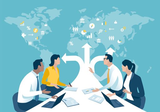 Global investment diversification The business team sits at a table in the shape of an arrow pointing to a map points. Business vector illustration. 