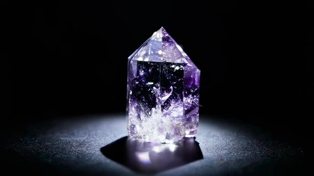 Detailed macro shot of a raw amethyst crystal with deep purple hues, illuminated dramatically on a dark reflective surface.