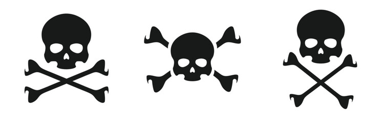 Human skull icon set. Collection of pirate skull silhouettes. Pirate skull with crossbones