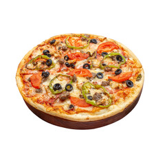 Tasty Delicious vegetarian pizza with champignon mushrooms, tomatoes, mozzarella,rucola, peppers and black olives, isolated on white background 