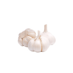 A close up studio shot of a fresh whole head of white garlic with individual cloves visible against a stark black background