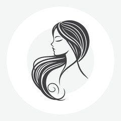 logo of a woman’s side profile with flowing hair,