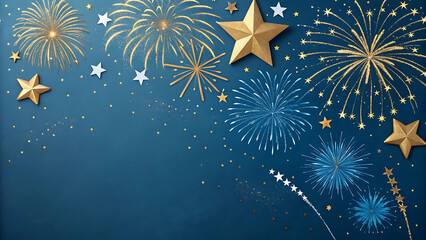 Golden stars and blue fireworks illuminate a dark night sky