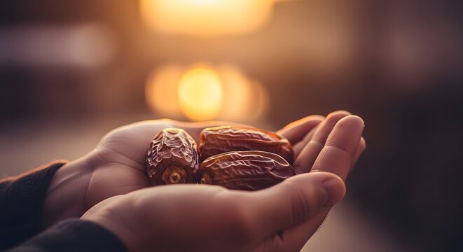 Close up of human hands holding three ripe dates with a soft golden bokeh background
