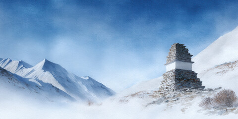 Frost stupa Himalaya mountain winter serene landscape with mist and blue sky
