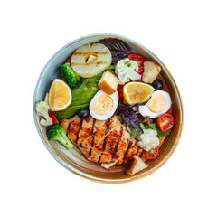 Grilled salmon steak with assorted fresh vegetables on white plate, healthy fish meal 