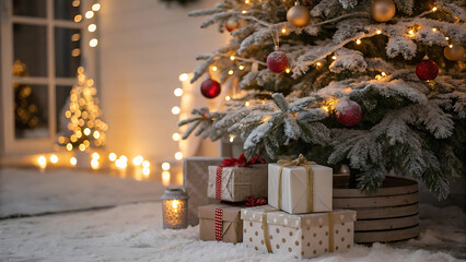 Cozy christmas scene with decorated tree and presents under soft lights