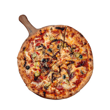 Vegetarian Delicious pizza with champignon mushrooms, tomatoes, mozzarella,rucola, peppers and black olives, isolated on white background for project pizza on a wooden board