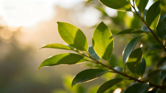 Sunlit green leaves in nature