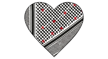 Heart shaped keffiyeh pattern with red accents on black background