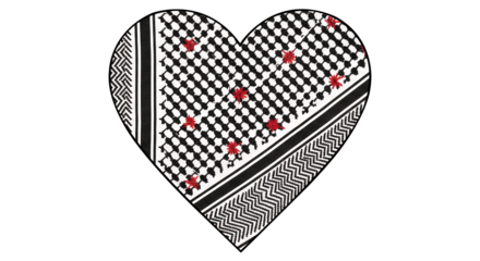 Heart shaped keffiyeh pattern with red accents on black background