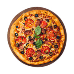 Vegetarian Delicious pizza with champignon mushrooms, tomatoes, mozzarella,rucola, peppers and black olives, isolated on white background 