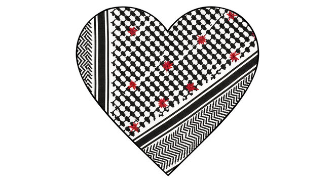 Heart shaped keffiyeh pattern with red accents on black background