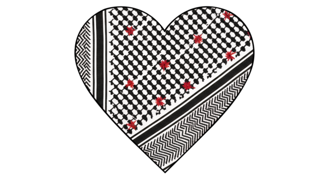 Heart shaped keffiyeh pattern with red accents on black background