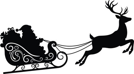 Santa Claus in sleigh with reindeer silhouette, Christmas holiday illustration, festive seasonal artwork, cad drawing flat vector design © fmfahim creatives