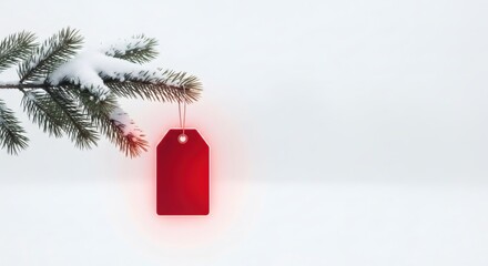 Evergreen branch covered in snow with a glowing red price tag for holiday sale. Christmas or New Year marketing promotion banner with copy space.