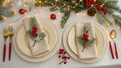 Elegant christmas table setting with festive decorations and golden cutlery