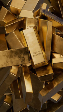 Close-up high-resolution render of multiple rectangular polished gold bars stacked and arranged in haphazad pile, creating sense of abundance and wealth. Warm reflected gold bars with engraving.