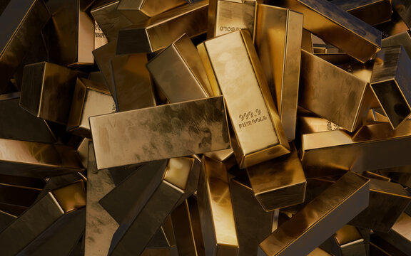 Close-up high-resolution render of multiple rectangular polished gold bars stacked and arranged in haphazad pile, creating sense of abundance and wealth. Warm reflected gold bars with engraving.