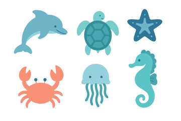 Fototapeta premium Adorable flat design sea creatures set: dolphin, turtle, starfish, crab, jellyfish, seahorse