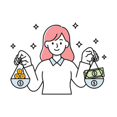 A simple vector illustration of a cheerful woman balancing cash and coins on a scale, representing financial comparison and wealth management
