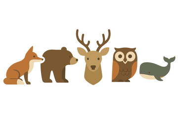 Fototapeta premium Stylized set of wild animals including fox bear deer owl and whale characters