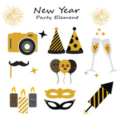 New Year party accessories vector clip-art set isolated on white. Winter holidays illustration collection. Hand drawn festive seasonal design elements.