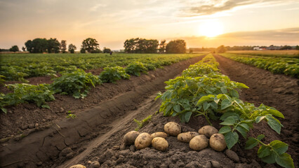 Freshly harvested potatoes in a field at sunset