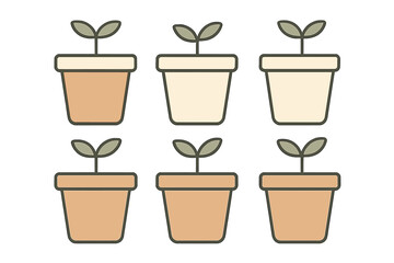 Obraz premium Minimalist design of young plant seedlings growing in six identical flower pots arranged in a grid