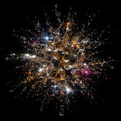 Metallic droplet explosion frozen in time, reflecting multiple light sources