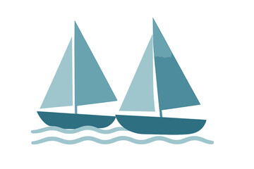 Fototapeta premium Minimalist two sailing boats navigating ocean waves in blue and teal colors