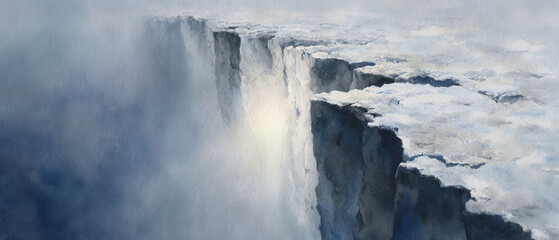 Obraz premium Misty cliff icy cliff sunbeam watercolor vertical cliff fog glacier cold