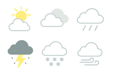 Obraz premium Set of essential weather forecast symbols: sun, clouds, rain, snow, storm, and wind conditions