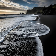 Black Volcanic Sand Beach with White Foam