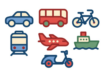 Naklejka premium Colorful set of travel and transportation symbols including car, bus, train, airplane, and bicycle