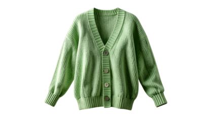 Floating Green Knitted Cardigan with Buttons Isolated on Transparent
