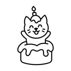 A blacklined drawing of a catshaped cake with a lit candle set against a blank white backdrop