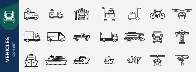 Collection of Vehicles icon. Line art Icon of cars, trucks, bicycles, house, crane, ship, illustration. 