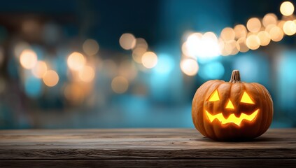 Carved Pumpkin on Wooden Table with Bokeh Lights in Background for Halloween Decor and Party Invitations