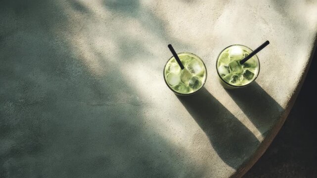 matcha in a glass cup with straw, green, green tea