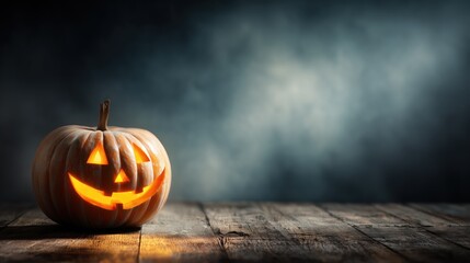 Carved Pumpkin with Jack-O'-Lantern Face on Wooden Table for Halloween Decor and Spooky Atmosphere