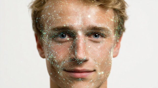 a face of a man looking right into camera. smile. One side is normal and human, the other side of his face has digital data visualization artifacts to suggest ai usage