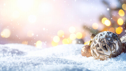 Christmas decoration on snow with bokeh background. Christmas greeting card.