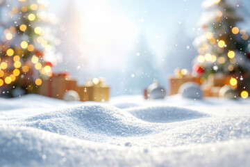 Christmas background. Festive decoration on snow with bokeh lights