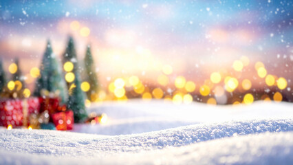 Christmas background with bokeh lights and snowdrift