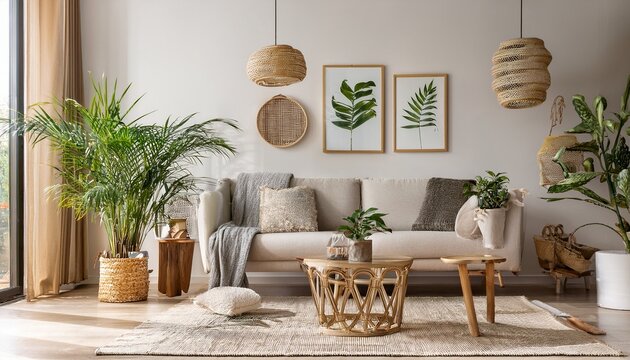 modern living room interior with scandinavian style furniture plants and decorative accents