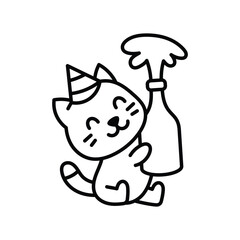 A cartoon cat wearing a party hat holds a champagne bottle with an explosion of foam