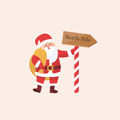 Santa Claus at the North Pole, a cheerful illustration. With Santa holding a North Pole sign and a sack, perfect for Christmas themes