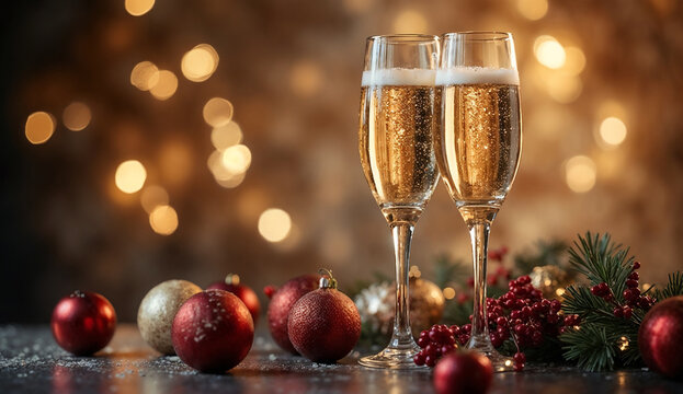 Elegant festive champagne glass with Christmas baubles and bokeh background